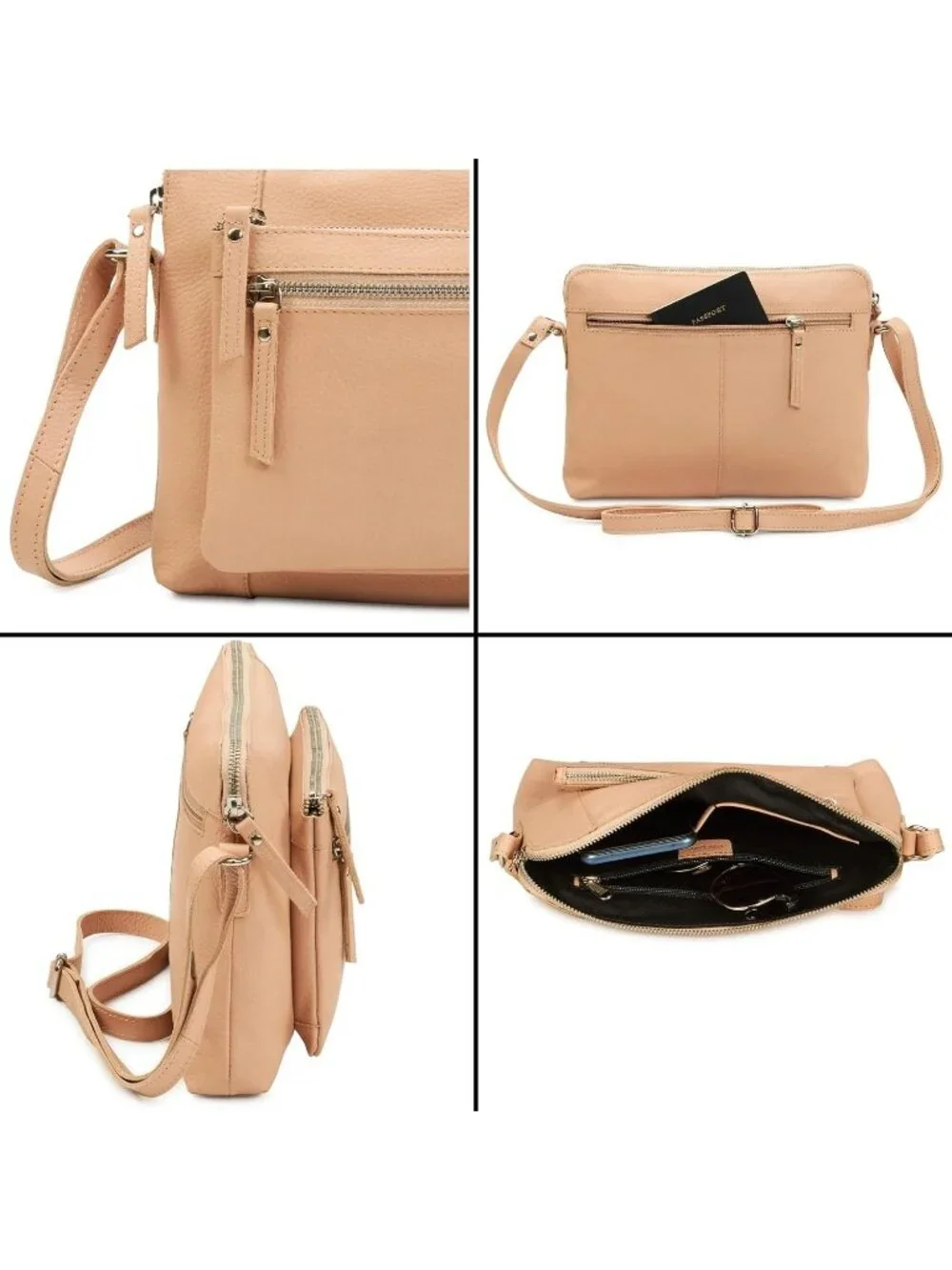 Women's Nude Genuine Leather Sling Purse with Adjustable Strap Crossbody bag